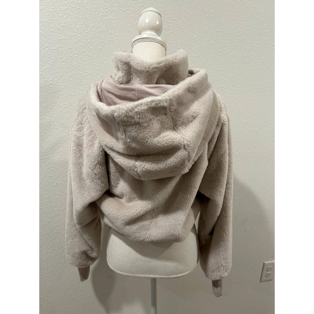 DKNY Sport Womens Faux Fur Hooded Bomber Jacket Blush Beige Detachable Hoodie - Picture 5 of 8